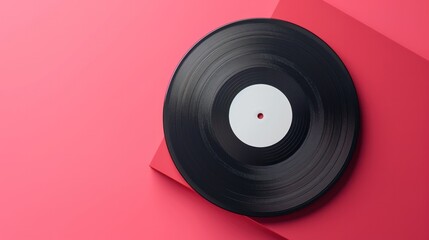 Fototapeta premium A vinyl record rests on a vibrant red background, showcasing its sleek black surface and classic white label.