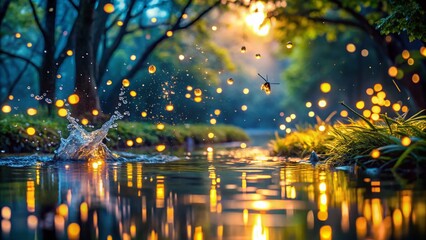Captivating Splash in a Firefly Background: A Magical Evening Scene with Glowing Lights and Water Droplets, Perfect for Nature Lovers and Dreamy Visuals