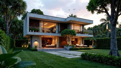 Obraz premium Modern House Garden AI Photo, Lush Landscape, Stunning Exterior, Dreamy House Design, Home Exterior, Exterior Design, Architectural 