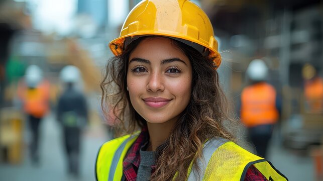 Young Hispanic female engineer smiling at construction site with workers in background