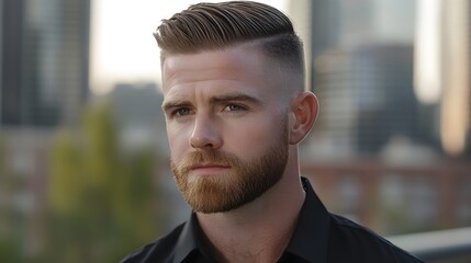 Naklejka premium Portrait of a Modern Leader. A poised portrait of a man with a sleek, side-parted haircut and a well-groomed beard, standing against an urban skyline backdrop. 