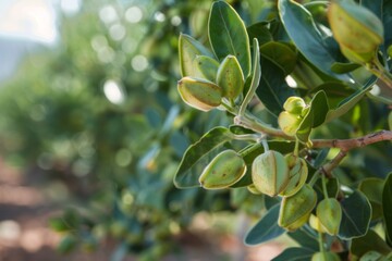 Fototapeta premium Close-Up of Green Jojoba Pods Growing on Branches in a Lush Plantation. Generative AI