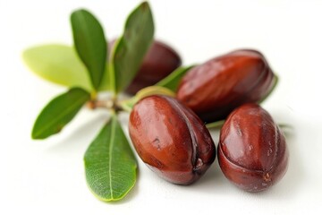Obraz premium Close-Up of Fresh Jojoba Seeds with Green Leaves on White Background. Generative AI