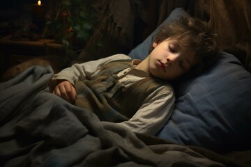 Obraz premium Young boy sleeping on a bed with a blue pillow