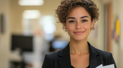 Fototapeta premium Experienced Hispanic lawyer with short hair smiling in a professional office environment