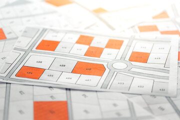 imaginary cadastral map search for assess to buy the land concept. Land management concept with an imaginary cadastral map of territory with a vacant land available for sale or building construction.