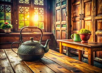 Cast Iron Teapot Wooden Furniture: Rustic Charm, Rule of Thirds Photography