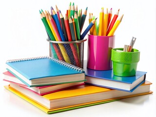 Fototapeta premium School Supplies, Back to School, Educational Elements, Stationery, Study, Learning, Class, Books, Notebooks, Pens, Colorful School Items, Isolated, White Background, High Quality, Bright, Sharp