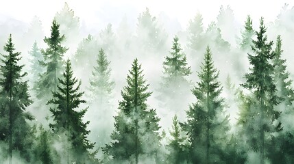 Obraz premium A serene watercolor painting of a pine forest immersed in soft, white mist. The varying shades of green create depth and texture, capturing the quiet and tranquil beauty of nature. 
