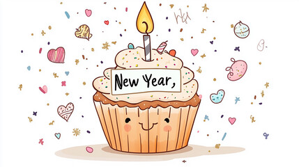 A hand-drawn cartoon of a cute, smiling cupcake with a candle that says "New Year," surrounded by sprinkles and sparkly doodles. White background for easy customization.