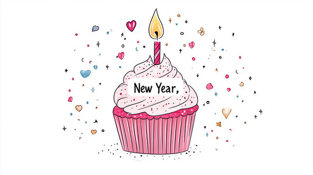 A hand-drawn cartoon of a cute, smiling cupcake with a candle that says "New Year," surrounded by sprinkles and sparkly doodles. White background for easy customization.