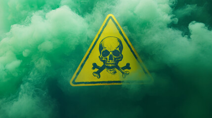 Warning sign in toxic green smoke or fog clouds. Vector realistic yellow triangle danger symbol with skull and crossbones and poison vapour spreading on ground isolated on transparent background