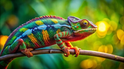 Obraz premium Chameleon on Branch, Reptile Photography, Green Lizard, Wildlife Image, Nature Stock Photo, Animal Closeup, Tropical Camouflage