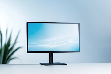 Fototapeta premium Modern solid-color desktop monitor mock up on a clean workspace with soft light