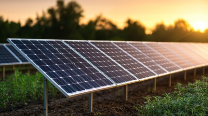 Solar panels at sunset in a green field, showcasing renewable energy technology and sustainable agriculture under a golden sky during summer season