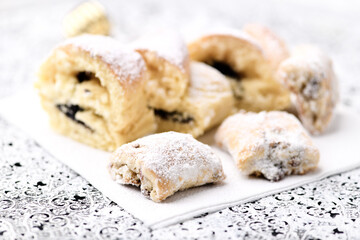 Stollen Bites on bright background. Soft focus. Close up.