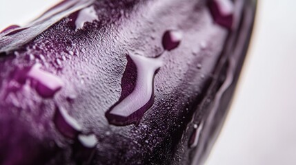 A close-up of an eggplant's skin with subtle reflections, showing its smooth texture, isolated on white