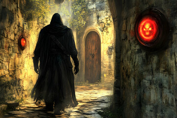 Naklejka premium Hooded figure walks through ancient stone passageway with glowing skull symbols.