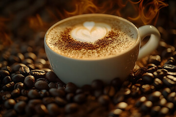 Hot latte art coffee cup on roasted beans.