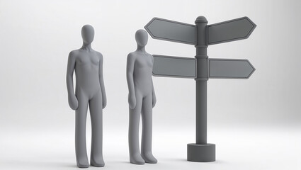 Two mannequins looking at blank signpost showing different directions