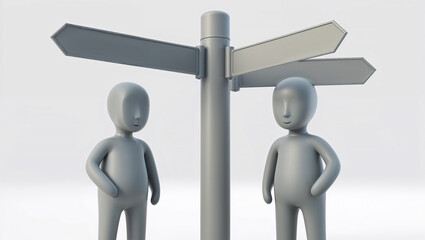 Two 3d characters looking at a multi directional signpost with blank arrows pointing in different directions