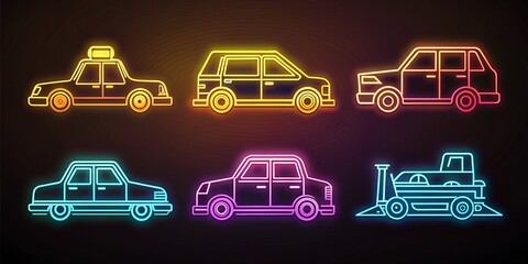 Vintage Transportation Illustrations - Taxi, Van, Hearse, Excavator Outline Icons
