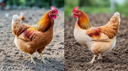 Fototapeta premium Two Plump Chickens Displaying Vibrant Feathers in Natural Farm Setting, Captured with Great Detail and Clarity, Perfect for Agricultural Themes and Livestock Representation