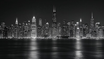 City skyline reflecting on water at night in black and white