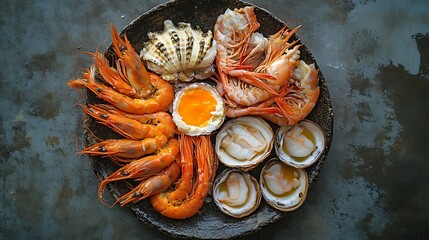 A gourmet seafood platter featuring prawns, scallops, oysters, and fish roe, arranged artfully on a dark textured plate.