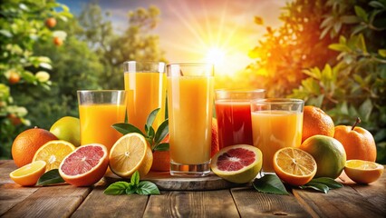 Fototapeta premium Citrus Juice Burst: Vibrant Fresh Squeezed Orange, Grapefruit, Lemon Juice Photography
