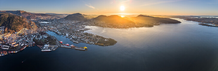 Aerial panorama city port and fjord of Bergen Norway in winter sunset