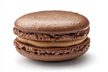 Delicious chocolate macaron on a white background showcasing its perfect texture and filling