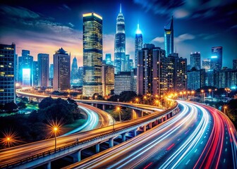 Fototapeta premium City Lights Long Exposure Photography, Urban Nightscape, Cityscape at Night, Glowing Metropolis, Night City Illustration, Long Exposure City, Vibrant City Nights