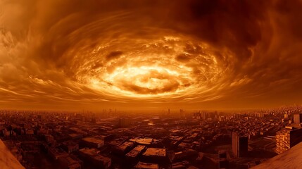 Apocalyptic city under fiery, swirling cloud.