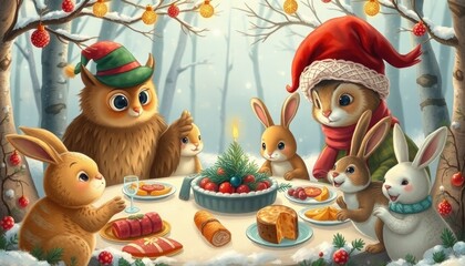 Whimsical Animals Like Owls and Rabbits Having a Christmas Feast in a Snowy Forest. Free Christmas Background. Chrismas Wallpaper. Cool Wallpaper 4k