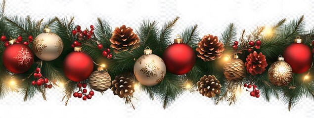 Festive garland with red and gold ornaments, pine cones, and greenery