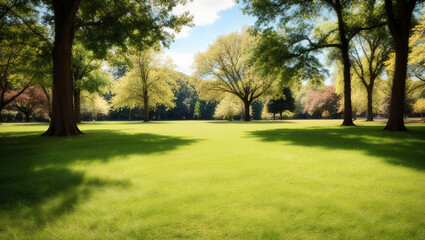 Green meadow with trees casting shadows on sunny day
