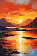 Landscape Acrylic Painting Stock Photo - Brilliant Sunset Over Calm Waters and Mountain Silhouette