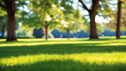Green grass blades growing in city park under summer sunlight
