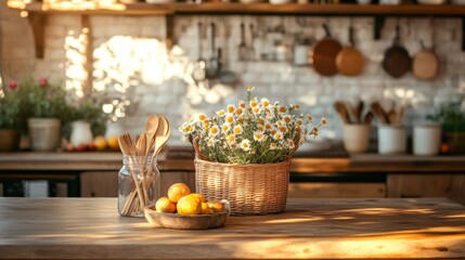 Rustic kitchen table with daisies, fruit, and wooden spoons in sunlight.