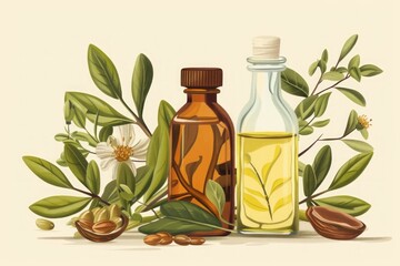 Luxurious jojoba cream in a golden jar, surrounded by natural flowers, nuts, and greenery, showcasing a radiant skincare product. Generative AI