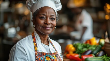 Middle-aged African-American female chef preparing fresh ingredients in a vibrant kitchen