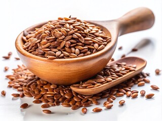 Close-Up of Flax Seeds on Wooden Spoon Isolated on White Background, Highlighting Natural Textures and Earthy Tones for Culinary, Health, and Nutrition Themes