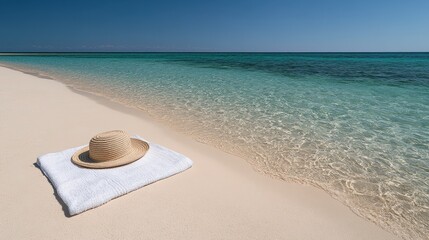 A straw hat lies atop a white towel on sunlit sands, overlooking the calm, turquoise sea under a perfect blue sky.