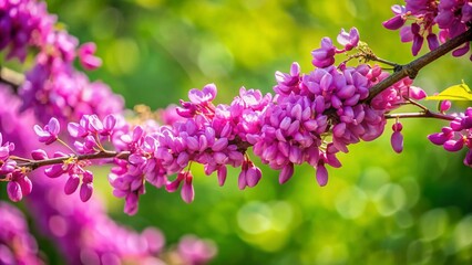 Close-Up of Vibrant Purple Judas Tree Flowers Against a Lush Green Background with Ample Copy Space for Text or Design Elements