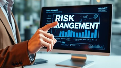 business professional analyzing risk management data on digital dashboard