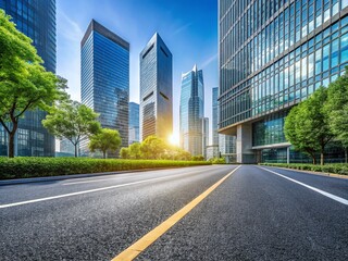 Fototapeta premium Close-up View of a Clean, Empty Road Adjacent to a Modern Office Building in a Bustling Cityscape, Showcasing Urban Architecture and Tranquility in Urban Environments