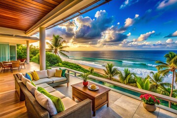 Fototapeta premium Coastal Serenity: A Panoramic View of a Beachfront Villa Showcasing Ocean Views and Elegant Coastal Decor in a Tranquil Setting