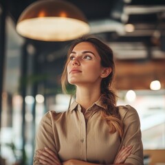 Businesswoman pondering at creative office, low angle