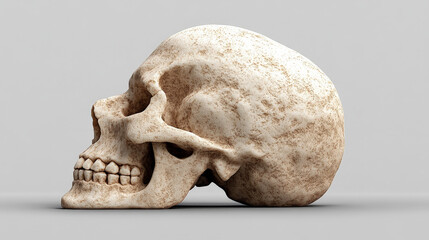 Human Skull Profile: Detailed 3D Render of a human skull, viewed from the side, showcasing its intricate bone structure and texture.  A study in anatomy and mortality.